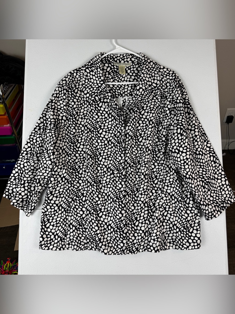 Bamboo Traders Button Front Jacket‎ Womens Plus 2X Black White 3/4 Sleeves